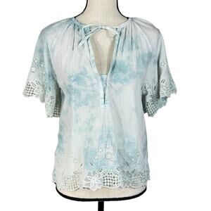 Anthropologie X-Small Top Tie-Dye Floral Embroidered Keyhole V-Neck Eyelet Lace